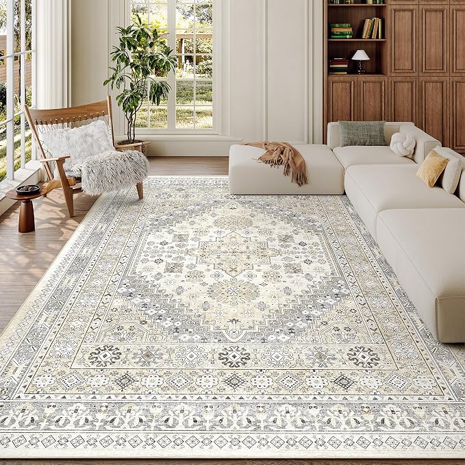 zesthome 5x7 Area Rugs - Ultra-Thin Washble Rug, Stain Resistant Anti Slip Backing Rugs for Living Room,Bedroom, Vintage Home Decor Area Rug (Beige,5'x7')