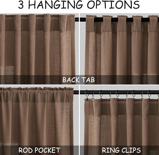 Caramel Brown Linen Curtains 90 Inch Length 2 Panels Set for Living Room Back Tab Rod Pocket Window Drapes Light Filtering Modern Farmhouse Curtain 90 Inches Long for Dining Room Nursery 52x90