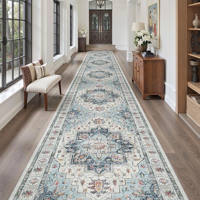 Madane Hallway Runner Rug 3x20 Washable Kitchen Runners 20ft, Blue | Vintage Non Slip Extra Long Area Rugs , Soft Low-Pile Farmhouse Wide Floor Carpet for Corridor Entryway Bathroom Bedroom