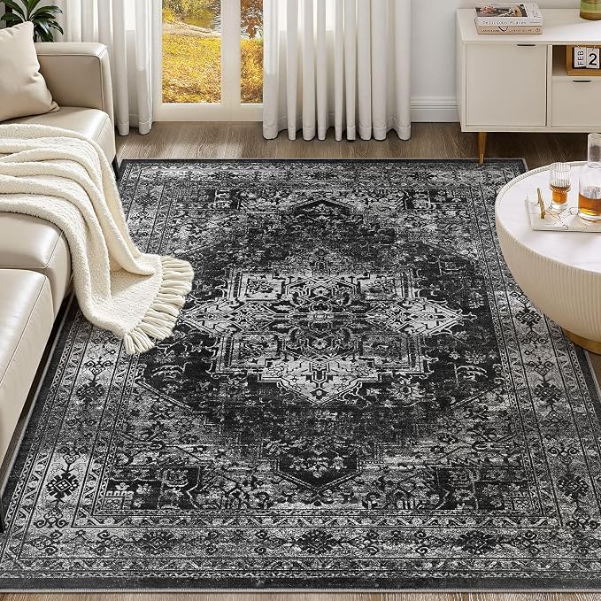 UERMEI 10x14 Area Rug Living Room Rugs - Washable Vintage Soft Large Rug Indoor Floor No Slip Rug Carpet for Bedroom Farmhouse Under Dining Table Home Office Decor - Black
