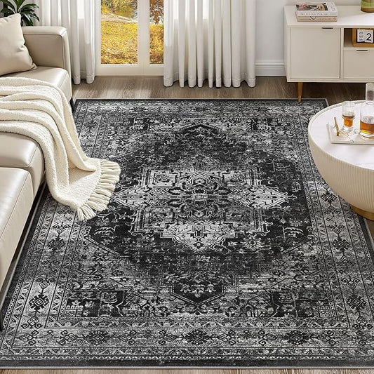 UERMEI 10x14 Area Rug Living Room Rugs - Washable Vintage Soft Large Rug Indoor Floor No Slip Rug Carpet for Bedroom Farmhouse Under Dining Table Home Office Decor - Black