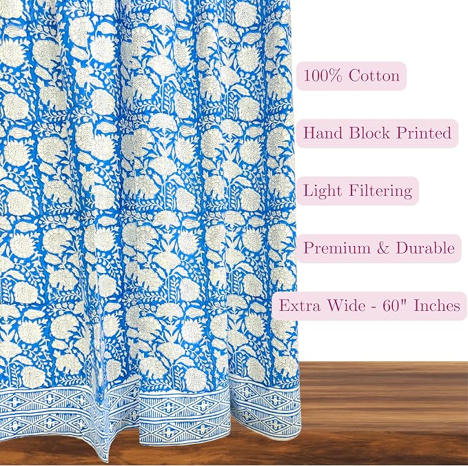 ATOSII 100% Cotton Single Panel Floral Block Print Curtain, Easy Hanging with Rod Pocket & Loop, Living Room, Dining Room, Bedroom Light Filtering Boho Curtains, Set of 1, 60" W X 96" L, Azora Blue