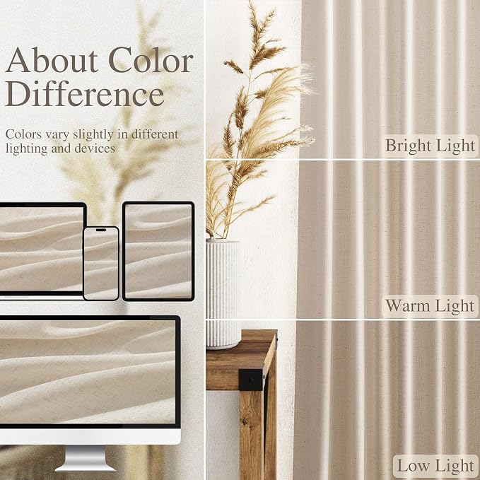 Nanspring Living Room Curtains 72 Inch Length Linen Cream Beige Luxury Light Filtering Semi Sheer Curtain Back Tab Modern Farmhouse Decor Elegant Coastal Drapes for Bedroom Office 52x72, 2 Panels