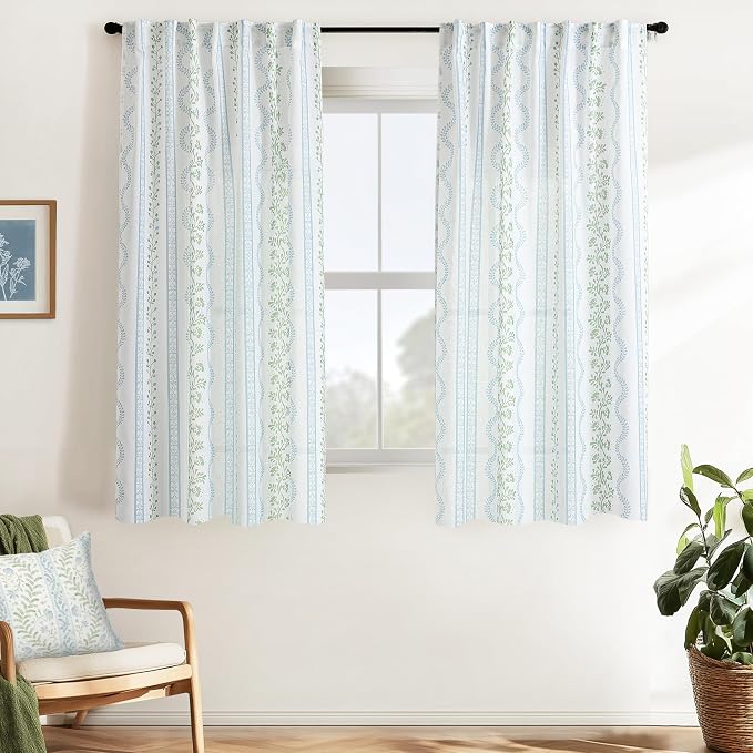 72 Inch Floral Sheer Curtains, French Country Cottage Core Semi Sheer Drapes for Living Room Bedroom Dining Room 50“ W x 72" L, Blue Green