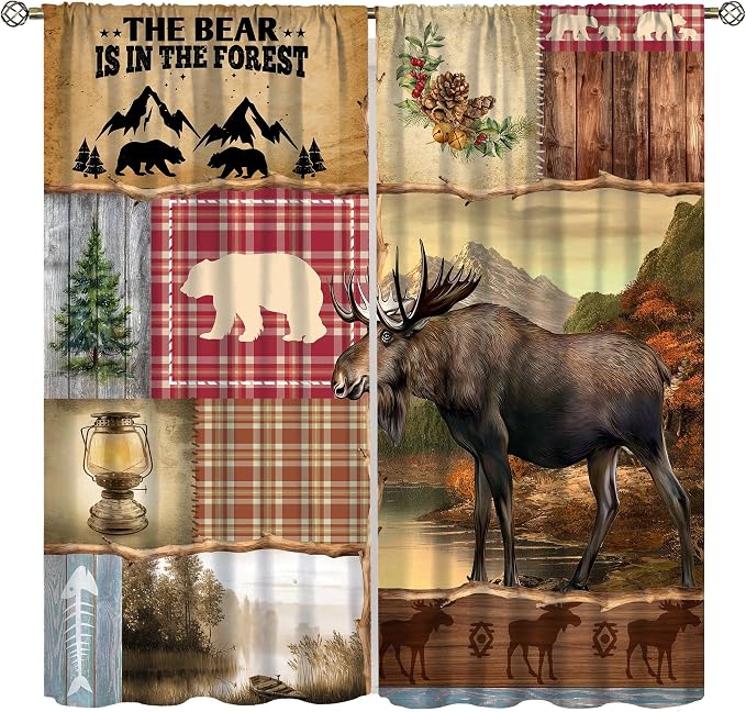 Vintage Hunting Deer Blackout Curtains Farmhouse Rural Natural Patchwork Forest Hunting Cabin Plaid Pine Cone Elk Animal Windows Treatments Rod Pocket for Kitchen Living Room Bedroom 42x45in