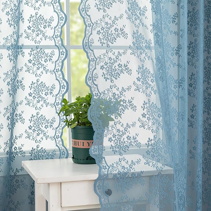 YJ YANJUN Vintage Lace Curtains 63 Inch Length - Victorian Floral Pattern Stone Blue Sheer Curtains for Boys Bedroom Privacy Summer Beach Themed Ocean Coastal Room Decor 2 Panels W52 x L63 Dusty Blue