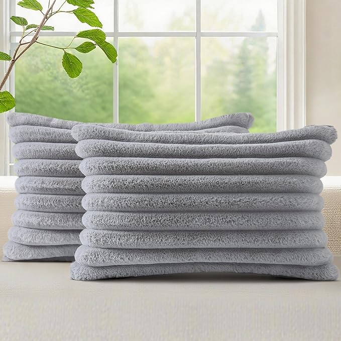 decorUhome Fall Cozy Faux Fur Throw Pillow Covers 12x20 Set of 2 Decorative Soft Plush Striped Lumbar Modern Farmhouse Boho Couch Pillow Cases with Velvet Back for Sofa Bed Living Room, Grey