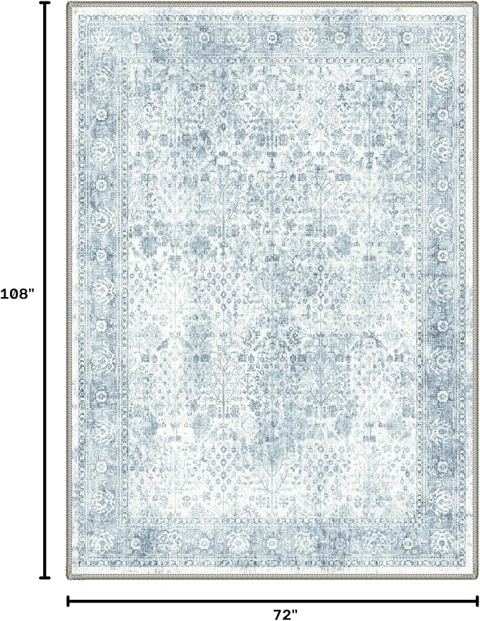 Bavni Washable Rugs 6x9 Machine Washable Rug Lightweight Low Pile, Vintage Floral Rug Non-Shedding Distressed Throw Carpet for Living Room Bedroom Office, Blue