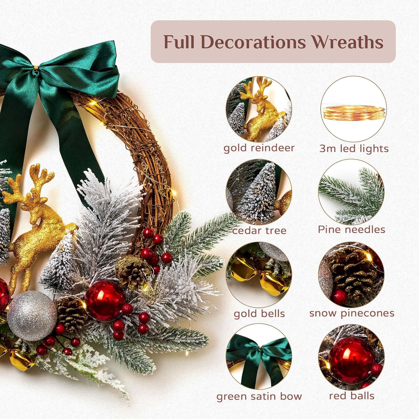 Christmas Door Wreath Lighted Xmas Wreaths - Walasis Winter Wreaths for Front Door Decor Outside Flocked Christmas Wreath Hanging with Lights for Wall