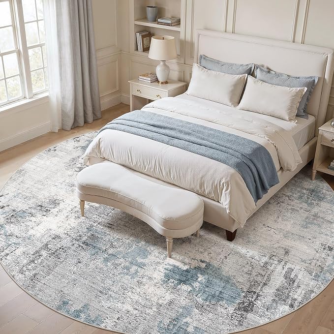 Abstract 12FT Round Rug: Machine Washable Non Slip Ultra Thin Low-Pile Carpet, Soft Stain Resistant for Living Dining Room Bedroom, Kid Pet Friendly, Robot Vacuum Compatible - Grey Blue