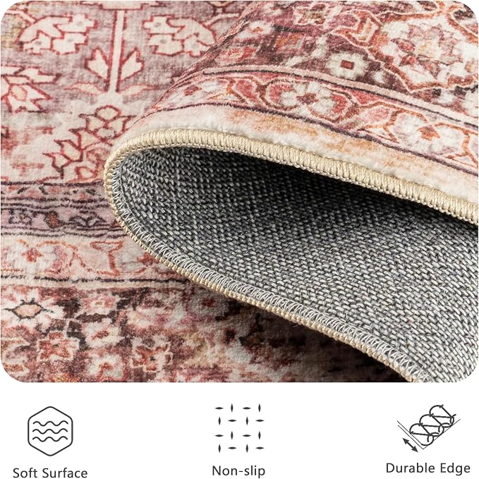 5x7 Area Rugs - Washable Vintage Retro Living Room Rug, Soft Ultra Thin Non Slip Low Pile Traditional Distressed Boho Carpet for Bedroom Dining Room Nursery Home Office, Vintage Iron Red