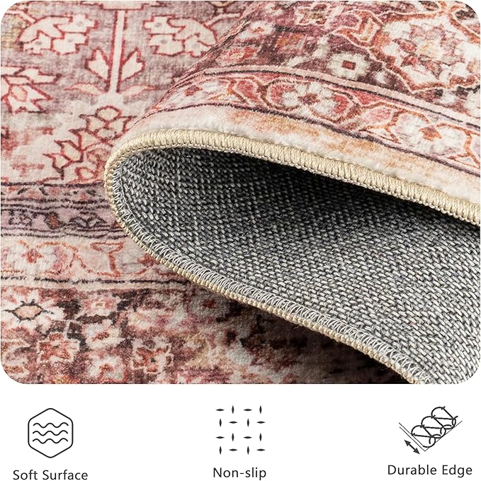 6x9 Area Rugs - Washable Vintage Retro Living Room Rug, Soft Ultra Thin Non Slip Low Pile Traditional Distressed Boho Carpet for Bedroom Dining Room Nursery Home Office, Vintage Iron Red