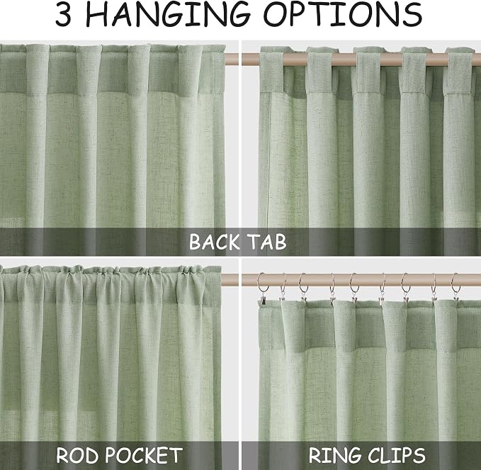 Mist Sage Linen Curtains 63 Inches Long 2 Panel Sets for Living Room Bedroom Rod Pocket Back Tab Light Filtering Drape for Kitchen Window Short Protect Privacy Curtain Modern Farmhouse Decor 52x63