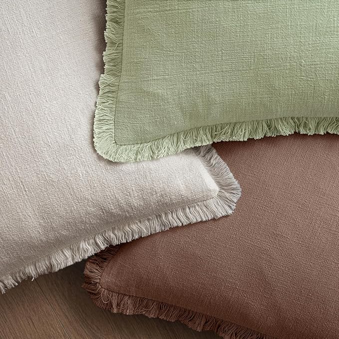 MIULEE Decorative Throw Pillow Covers Neutral Linen Fringe Throw Pillows Set of 2 Dark Coffee Boho Farmhouse Cushion Covers with Tassels for Couch Sofa Bed Living Room Fall Home Decor 20x20 Inch