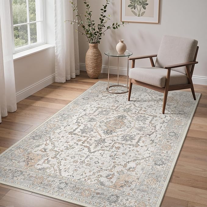 GENIMO 5x7 Area Rugs for Living Room, Machine Washable Non Slip Vintage Rugs, Low Pile Lightweight Chenille Print Rug for Bedroom, Dining Room, Home Office, Gray Brown