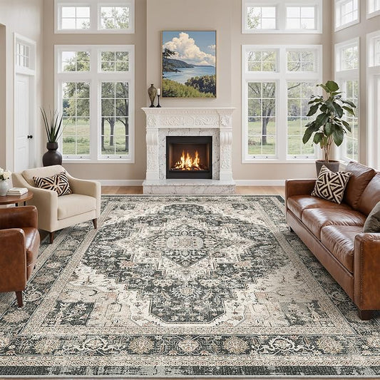 Roxstand 9x12 Washable Area Rug, Large Non Slip Rug, Black/Beige | Non-slip Backing, Low-Pile Carpet, Stain Resistant, Rugs for Living Room, Bedroom, Dining Room, Office