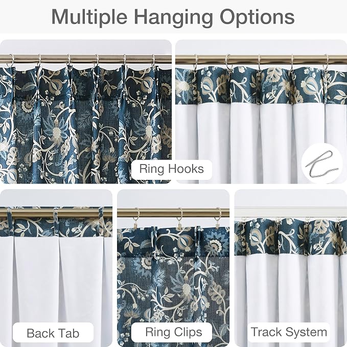 Vision Home Navy Blue Floral Pinch Pleat Light Filtering Curtains, Linen Pleated Lined Drapes Back Tab Hooks for Living Room Bedroom, Vine Botanical Jacobean Print Panels 40x90 Inch Set of 2