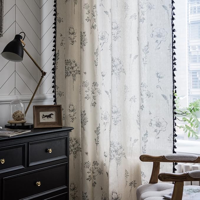 Sutuo Home Boho Curtain with Handmade Tassels, Rod Pocket Window Treatment Vintage Rustic Bohemian French Farmhouse Semi-Blackout Print Drape for Bedroom, 1 Panel 59" W x 84" L,Grey Floral