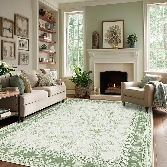 BILEEHOME Floral Area Rug for Bedroom 5x8 Sage Green and Cream Beige Vintage Boho Floral Sketch Style, Washable Low Pile Non Slip Area Rugs for Nursery Living Dining Room, Cozy Aesthetic Home Decor