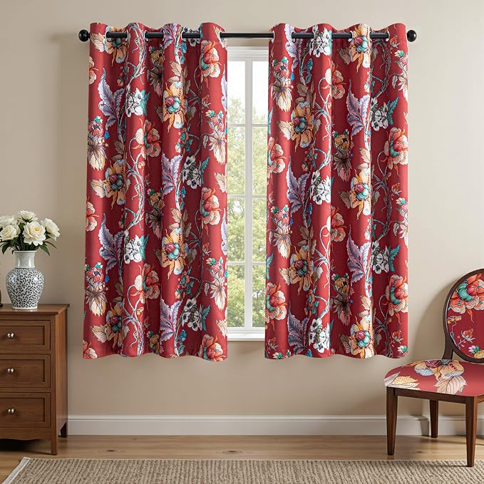 MYSKY HOME Terracotta Floral 95% Blackout Curtains 54 Inches Long for Bedroom Small Widown Thermal Insulated Light Blocking Drapes Grommet Country Coquette Window Panels, 2 Pcs, 52" Wide