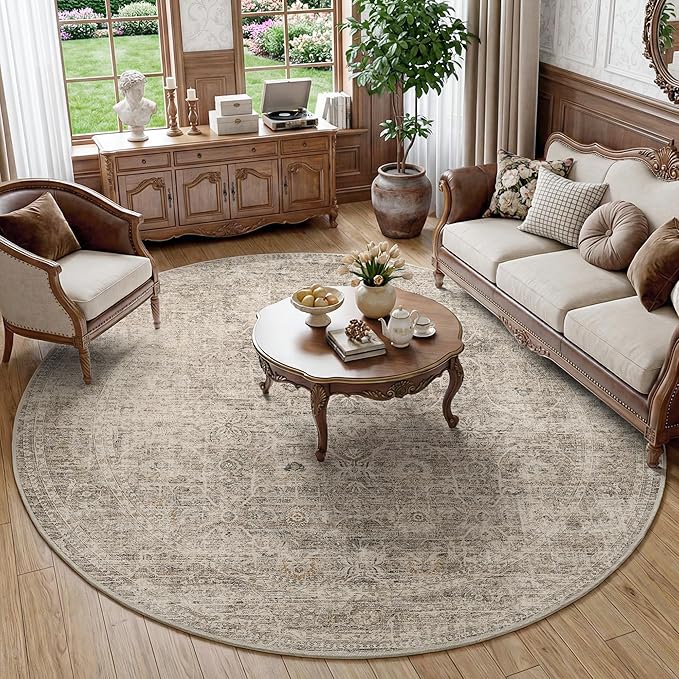 FMFUNCTEX 8ft Round Washable Area Rug Taupe Vintage Neutral Distressed Large Non Slip Carpet for Living Room Bedroom Soft Low Pile Indoor Mat Retro Floral Thin Rug for Dining Kitchen Office Nursery