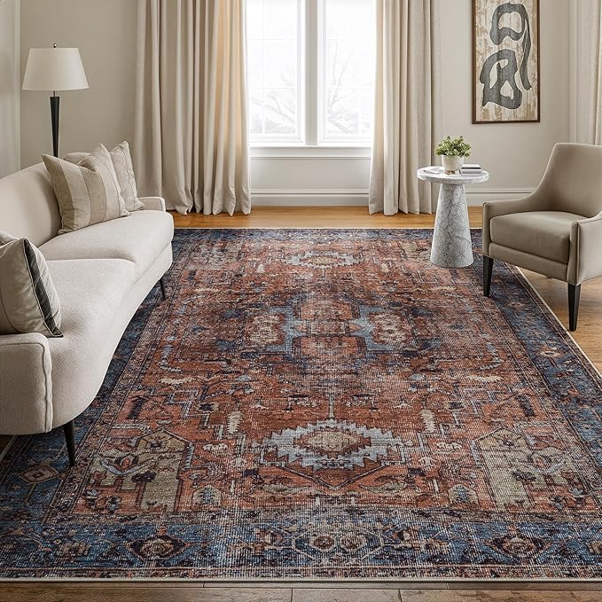 Bloom Rugs Washable 9' x 12' Rug - Terracotta/Blue Traditional Area Rug for Living Room, Bedroom, Dining Room, and Kitchen - Exact Size: 9' x 12'