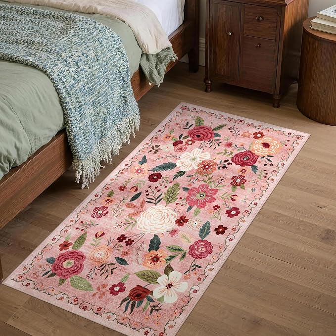 2x4 Washable Runner Rug Kitchen Hallway Area Rug Vintage Boho Floral Ultra Non-Slip Low Pile Soft Faux Wool Carpet Kids and Pets Friendly for Bathroom Bedroom Entryway Nursery Home Rug Dark Pink
