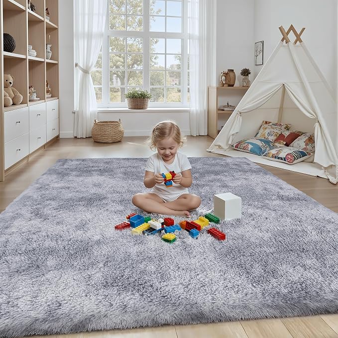 Area Rug for Living Room Bedroom: 5x7 Light Grey Soft Fluffy Shag Upgrade Non-Slip High Pile Carpet Large Fuzzy Plush Indoor Floor Decor Shaggy Rug for Kid Boys Girls Playroom Nursery Modern Home