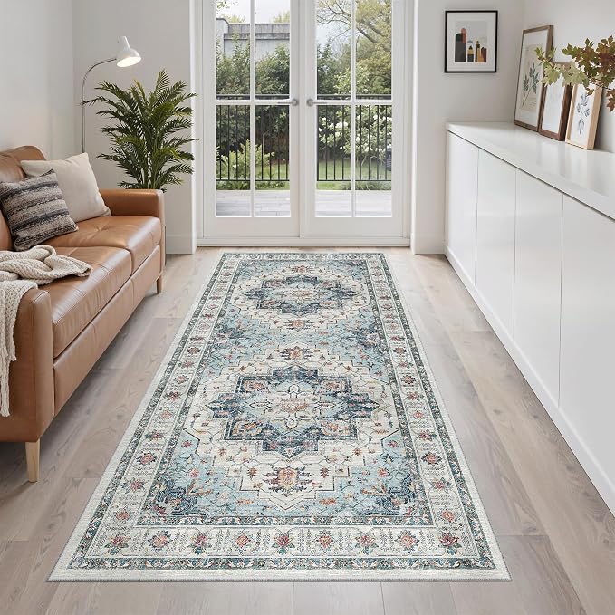 Madane Washable Runner Rug 3x6 Runners for Hallways Non Slip, Blue | Vintage Stain-Resistant 6 Feet Kitchen Rug, Soft Low-Pile Ultra-Thin Floor Carpet Mat for Bathroom Laundry Room Bedroom 2x6ft