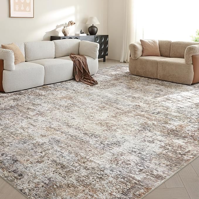 LOVORAL Area Rugs for Living Room: 9x12 Washable Neutral Abstract Rug for Bedroom Large Soft Modern Dining Room Rugs Indoor Floor Low Pile Carpet for Home Office Nursery - Brown Grey