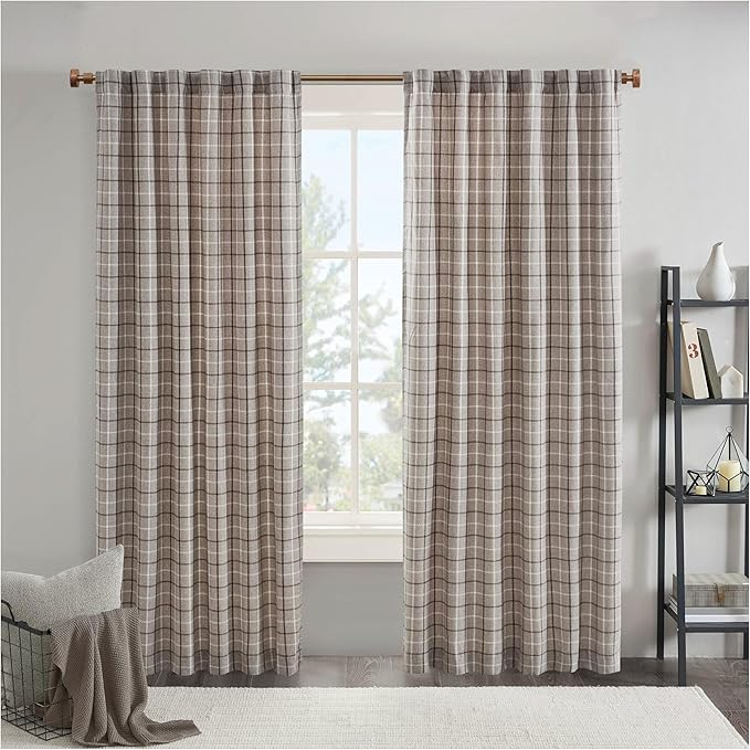 Madison Park Anaheim Cabin Plaid Curtain Window, Thermal Insulated Fleece Lining, Living Room Decor Room Darkening Drape for Bedroom, 1-Single Panel Pack, 50x84, Rod Pocket & Back Tab, Brown