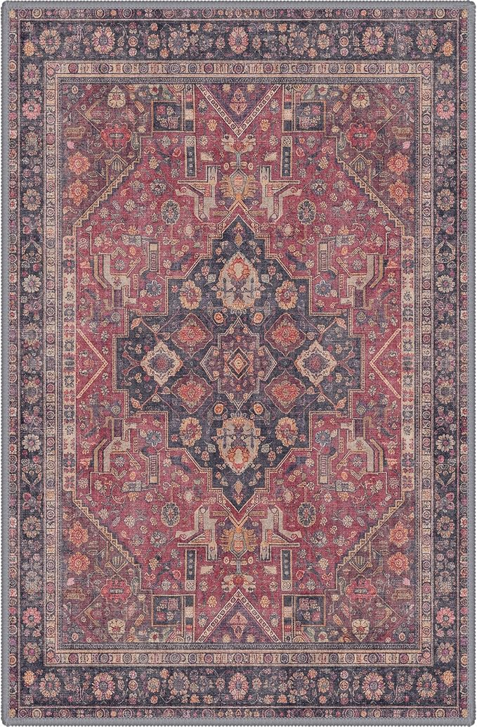GENIMO Area Rug 2x3 Doormat, Machine Washable Low Pile Rugs, Small Retro Entryway Mat for Entrance, Hallway, Kitchen and Corridor,Vintage Scarlet