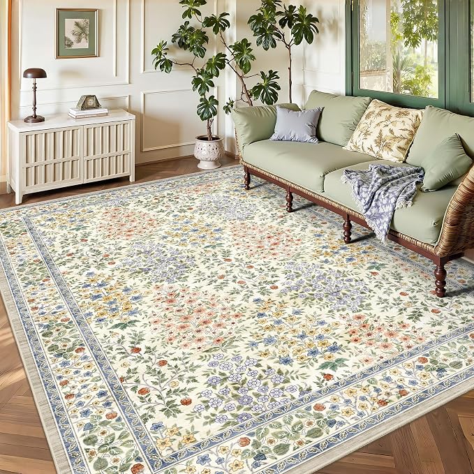 5x7 Area Rugs, Vintage Washable Rug for Bedroom, Indoor Non-Slip Rugs for Living Room, Dining Room, Low Pile Home Decor Floral Rug(Beige Floral)