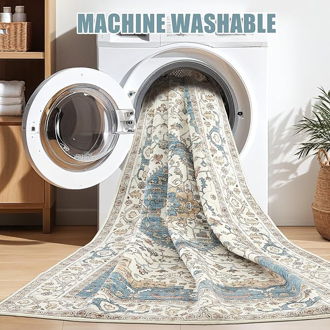 8x11 Area Rugs for Living Room - Large Carpet Ultra Thin Soft Washable Oriental Vintage Floral Distressed Rug Big Indoor Carpets for Bedroom Nursery Dorm Home Decor Aesthetic - Blue/Beige