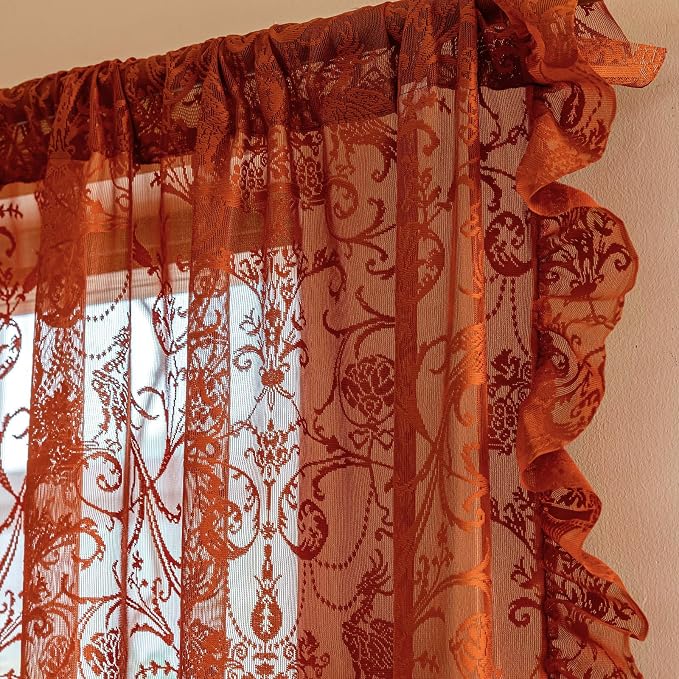 TUDECO Burnt Orange Lace Curtains for Living Room 2 Panels - Vibrant Floral Branch Ruffle Sheer Terracotta Curtains, Boho Rod Pocket Bright Privacy Autumn Window Treatments, 59W x 84L, Terracotta