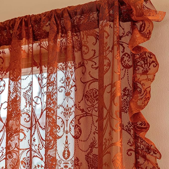 TUDECO Orange Sheer Curtains 63 Inch Length - Bohomian Flower Bird Lace Rust Curtains for Bedroom Sunroom Cheerful Kintted Lightweight Privacy Ruffle Edges Fall Decor, 59 x 63 Inch, Burnt Orange