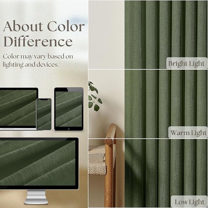 TWODRAPES Olive Green Linen Pinch Pleated Curtains 84 Inches Long 2 Panels for Living Room Bedroom Linen Pleated Hooks Rings Back Tab Light Filtering Loden Moss Green Farmhouse Drapes 84 Inch Length