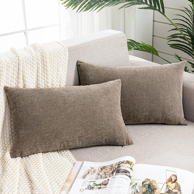 GAWAMAY Lumbar Pillow Decorative Rectangle Throw Pillow Covers 12"x20" Inch Set of 2, Super Soft Chenille Pillowcase for Living Room Bedroom Sofa Couch Cushion Cover Taupe Grey 30x50cm (ONLY Covers)