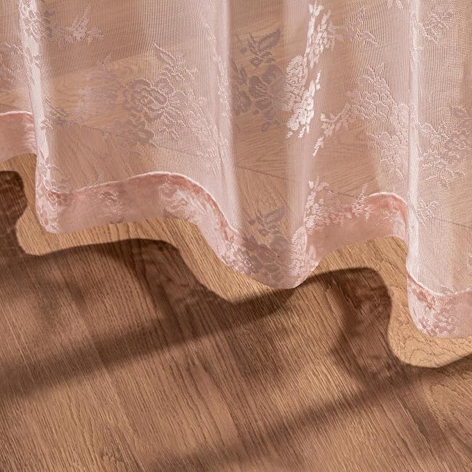 MEETSKY Pink Lace Curtains 63 Inch Length, Sheer Pink Curtain for Girls Room, Floral Vintage Light Filtering Short Curtains for Bedroom Princess Room, Lace Drapes 2 Panels, Each Panel 50W x 63L