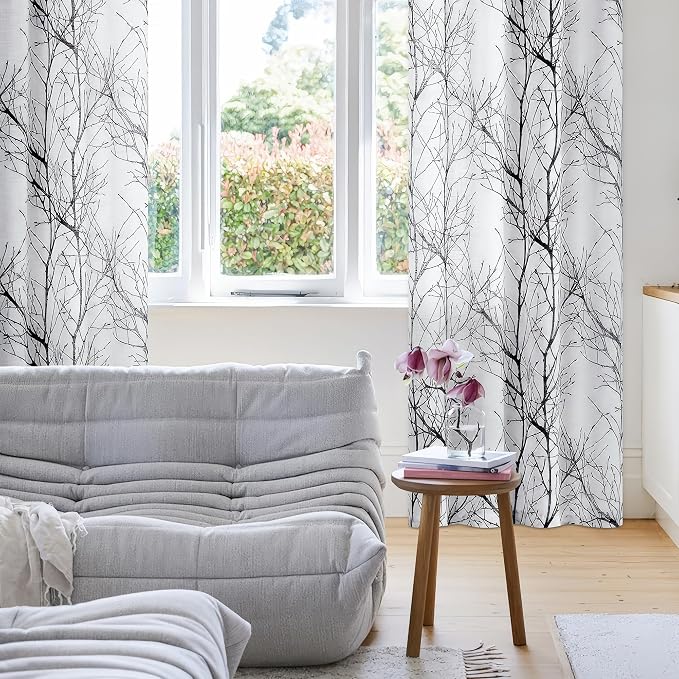 FMFUNCTEX Linen Semi Sheer Curtains for Bedroom, Black White Curtains 63 Inches Long for Living Room, Grey Tree Branch Patterned Curtain Light Filtering Farmhouse Window Drapes, Grommet Top 2 Panels
