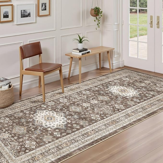 Vintage Hallway Runner Rug 3x12: Large Soft Washable Entryway for Kitchen Laundry Room Non-Slip Backing Runner for Entrance Living Room Bedroom Bathroom - Dark Brown
