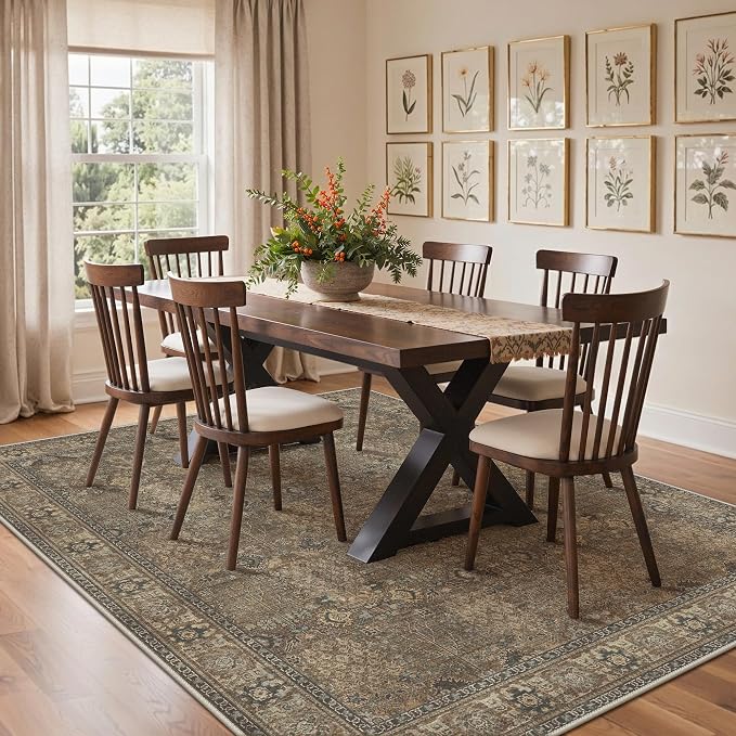Bavni Washable Rugs 8x10-Machine Washable Rug Lightweight Low Pile, Vintage Floral Rug Non-Shedding Distressed Throw Carpet for Living Room Bedroom Office, Brown