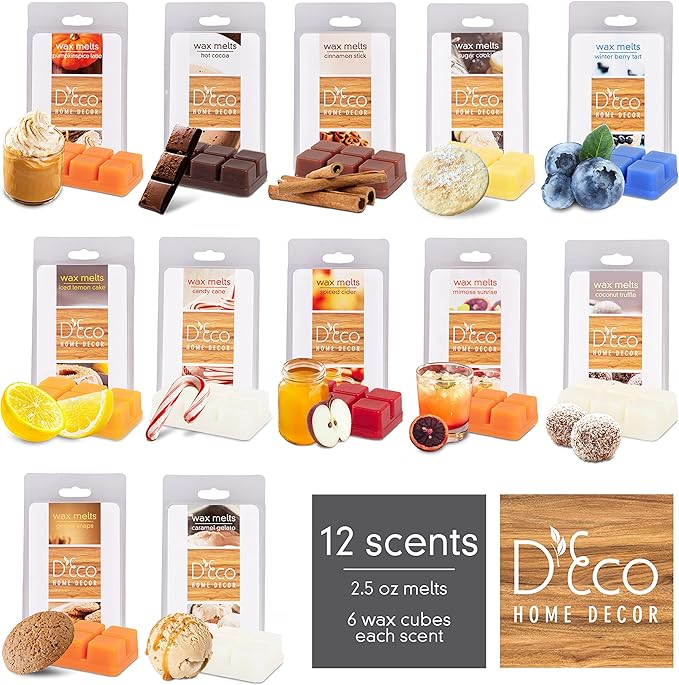 D'Eco Desserts Wax Melts - 12 Ct Variety Pack Home Fragrances - Long Lasting Scented Tarts for Wax Warmers - Caramel, Berry, Mimosa, Coconut, Lemon, Cinnamon, Gelato, Peppermint - Mothers Day Gift Set