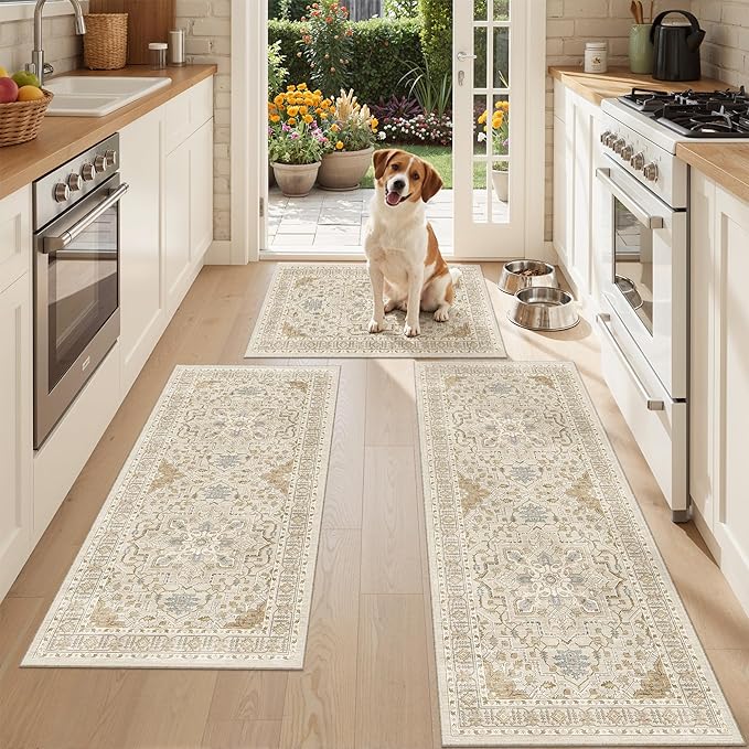 Madane Washable Kitchen Rug Set of 3 Small Area Rugs Non-Slip, Beige/Blue | Vintage Hallway Entryway Door Mat Indoor Entrance Low Pile Floor Carpet Runner for Inside Front Entry Laundry 2x3+2x4+2x5