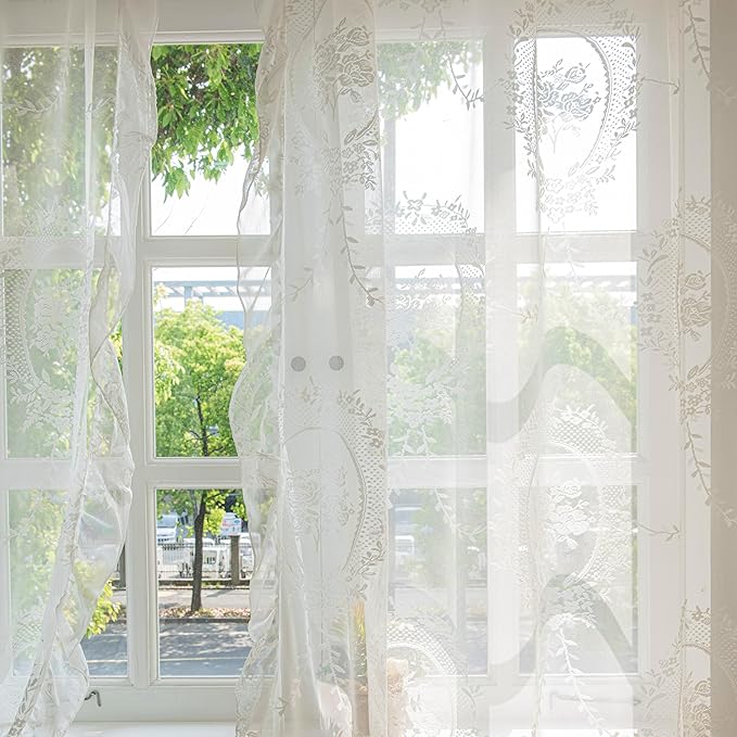 Sutuo Home Lace Curtains 2 Panels 90 Inches Long, Vintage Embroidered Floral Rose Sheer Curtains for Bedroom Living Room, Privacy Country Rustic Windows Treatment Pair, Rod Pocket, W57 x L90,Ivory