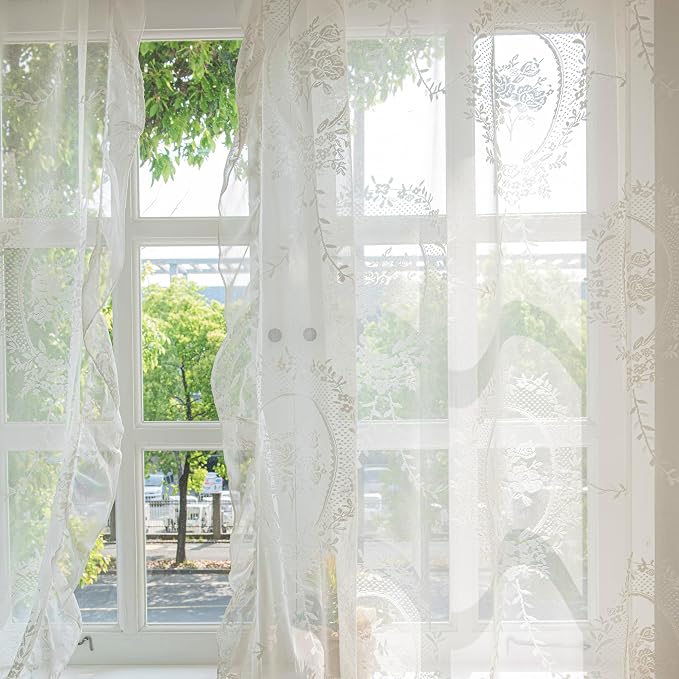 Sutuo Home Ivory Lace Curtains 96 Inches Long 2 Set, Sheer Panels Rose Floral Embroidery Vintage Voile Window Treatment Pair for Bedroom Living Room, Retro Christmas Decor Rod Pocket, W57 x L96
