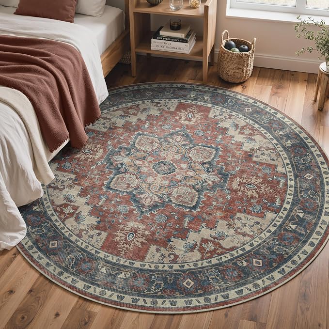 GENIMO 5FT Round Area Rugs for Living Room, Circle Rugs Machine Washable Low Pile, Non Slip Vintage Rug for Bedroom, Dining Room, Home Office, Bordeaux