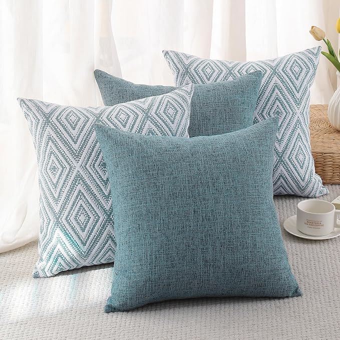 HPUK Throw Pillow Covers 20x20 Inch Set of 4, Blue Linen Decorative Pillow Covers, Accent Cushion Covers for Couch Sofa Bed Bedroom Living Room Décor