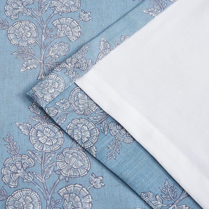 Vision Home Linen Print Pinch Pleated Light Filtering Curtains Panels, Blue Block Window Drapes with Microfiber Liner & Back Tab Hooks for Living Room Bedroom, Coastal Botanical 40x90 Inch Set of 2