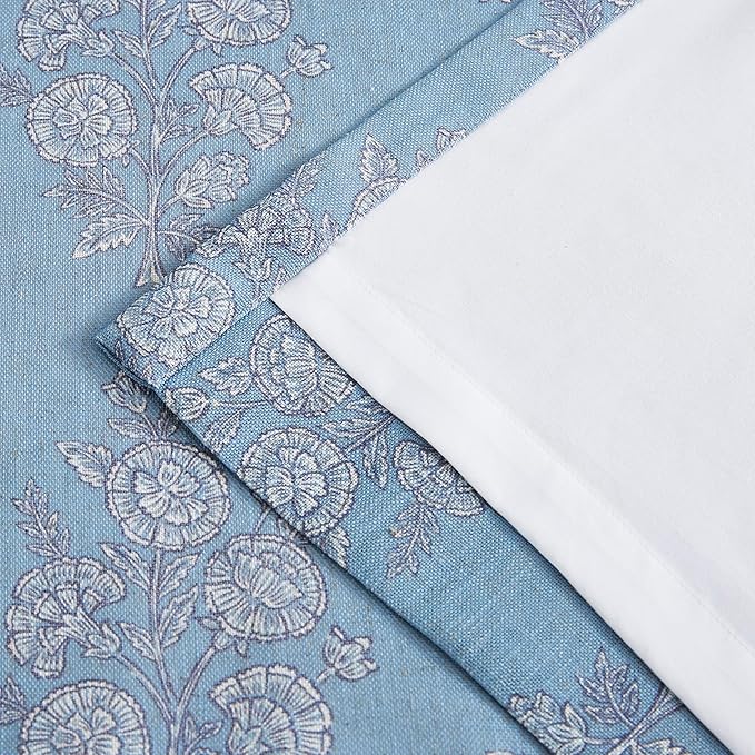Vision Home Blue Block Print Pinch Pleated Light Filtering Curtains Panels, Linen Window Drapes with Microfiber Liner & Back Tab Hooks for Living Room Bedroom, Coastal Botanical 40x95 Inch Set of 2